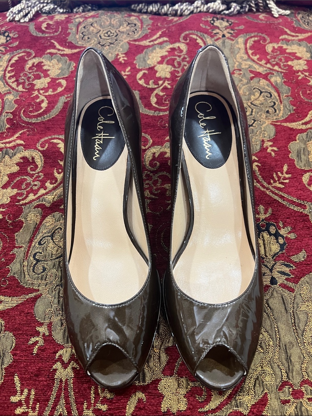 Cole Haan Brown Patent Leather Peep-Toe Heels